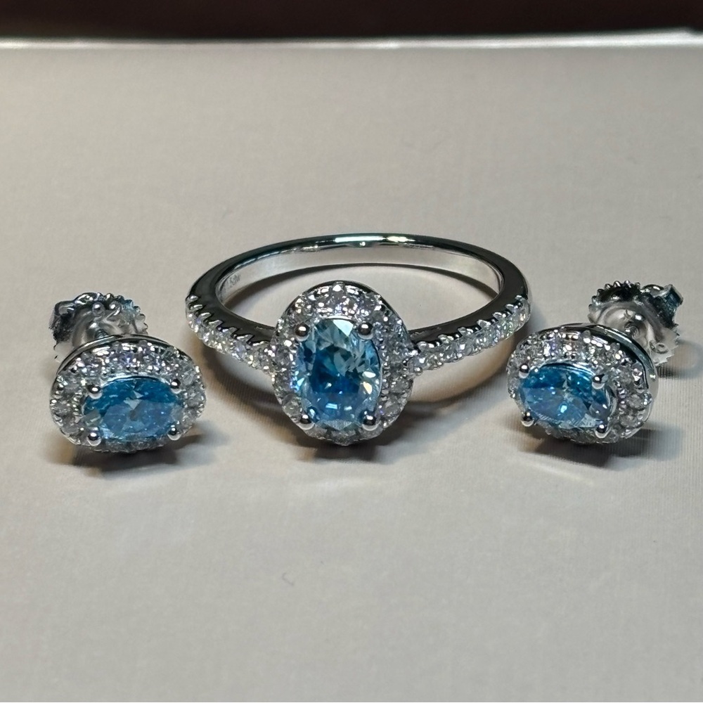 NEW ✨ Ocean Blue Moissanite Ring and Earring Set Sterling Silver 925
